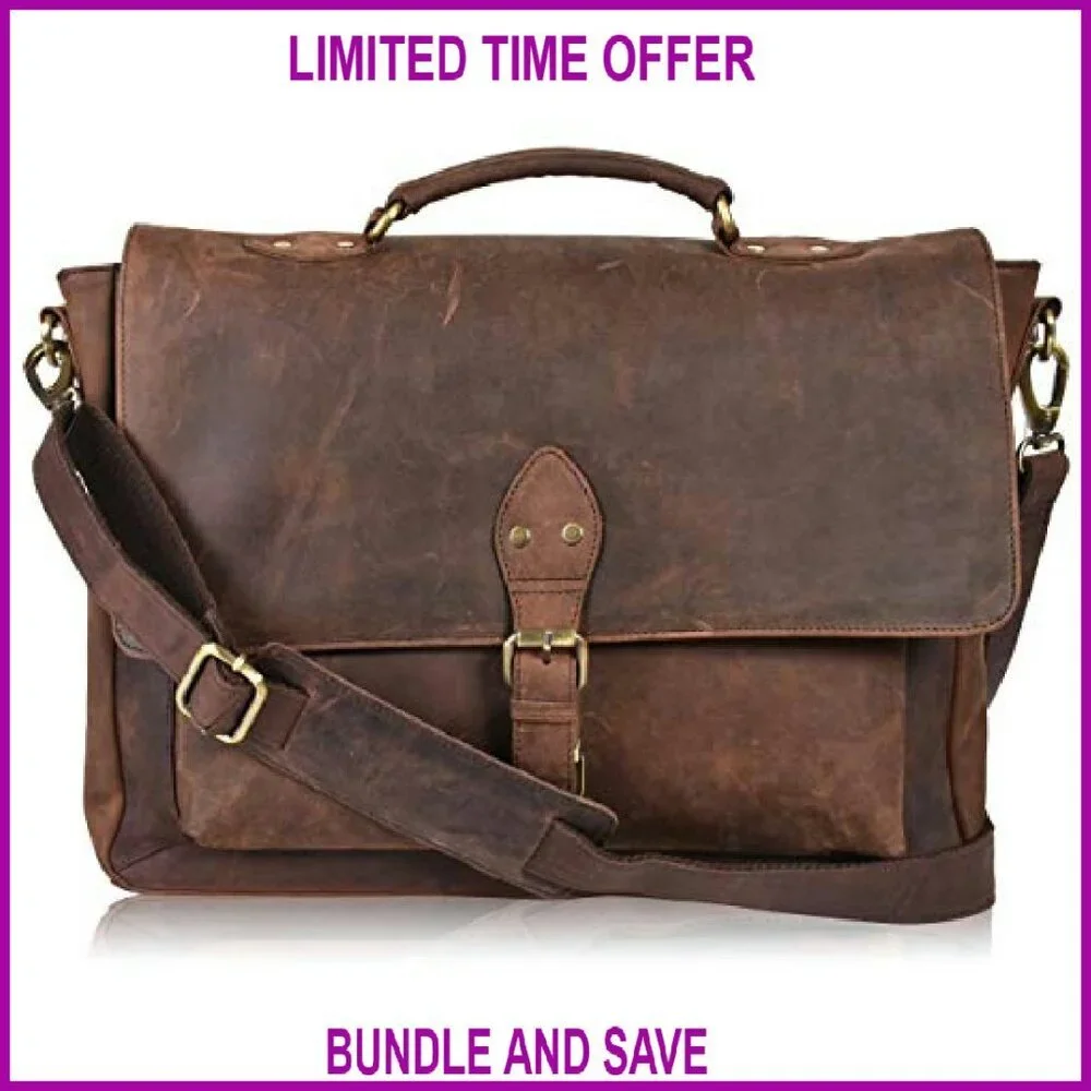 Leather Laptop Messenger Bag 15.6 Inch Vintage Style Adjustable Strap
